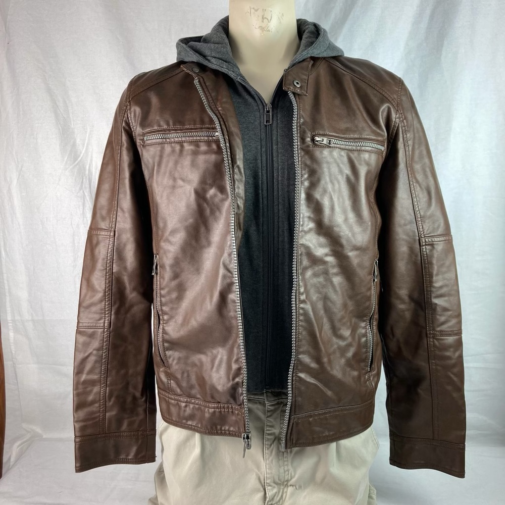 Guess Men's Dark Brown Leather Bomber Jacket M Removable Hood Bib Banded Collar